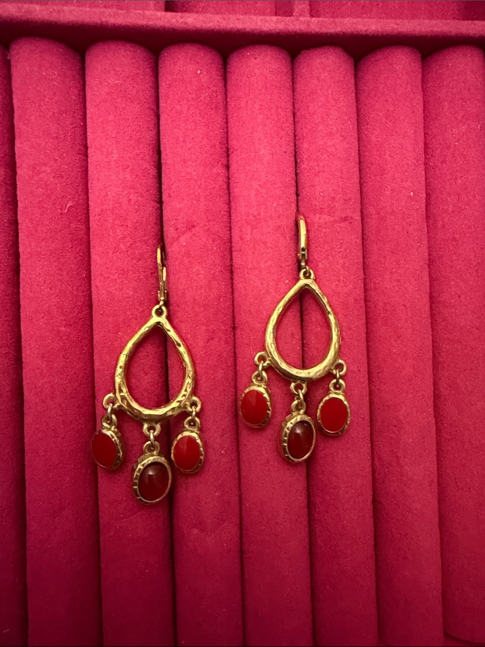 Gold Teardrop Dangle Earrings with Red Stones - Women Jewelry